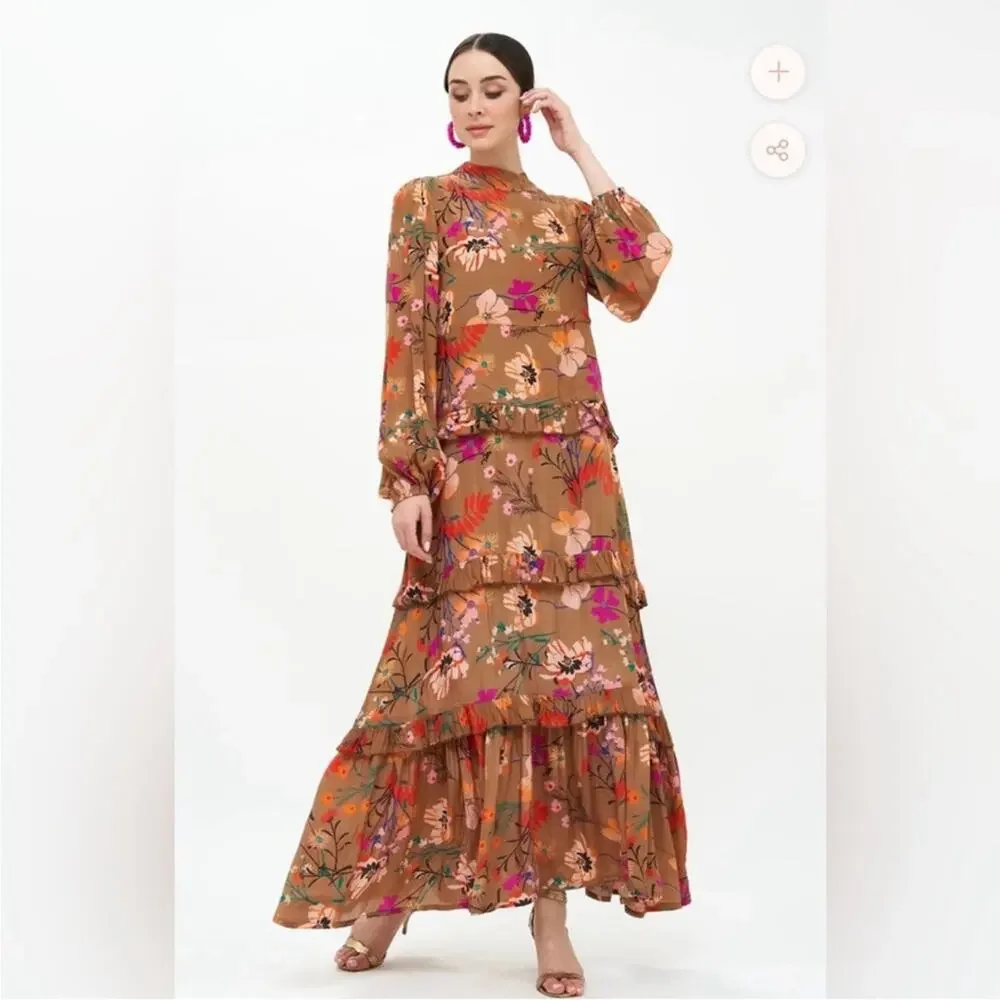 Oliphant Mock Neck Tiered Maxi Dress Woodland Mocha